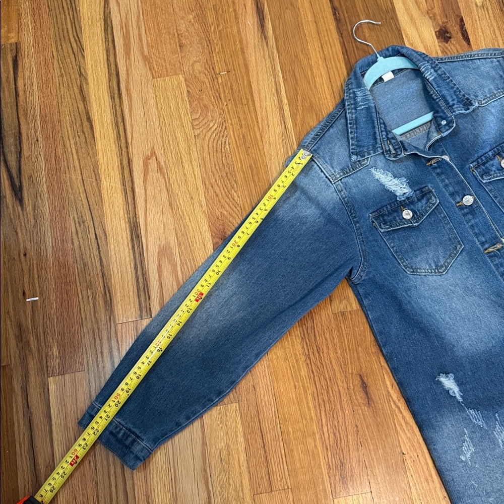 Distressed Denim Jacket / shacket. Raw edge. Perfect over dresses. Medium - Picture 11 of 14